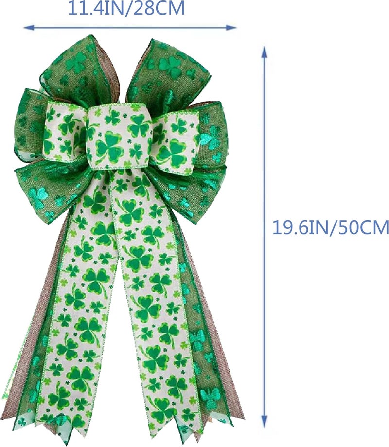 Hongsome St Patricks Day Bow for Wreath Decorations,St Patricks Day Tree Topper Bows,Large Burlap White Green Glitter Shamrock Bowknot Irish Holiday Crafts Bows for Front Door Outdoor Outside - Image 2